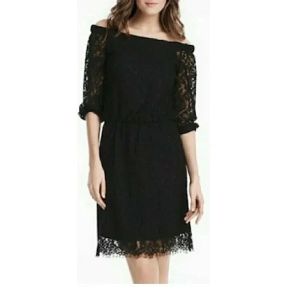 White House Black Market Dress Black Off Shoulder Allover Lace Sz 6